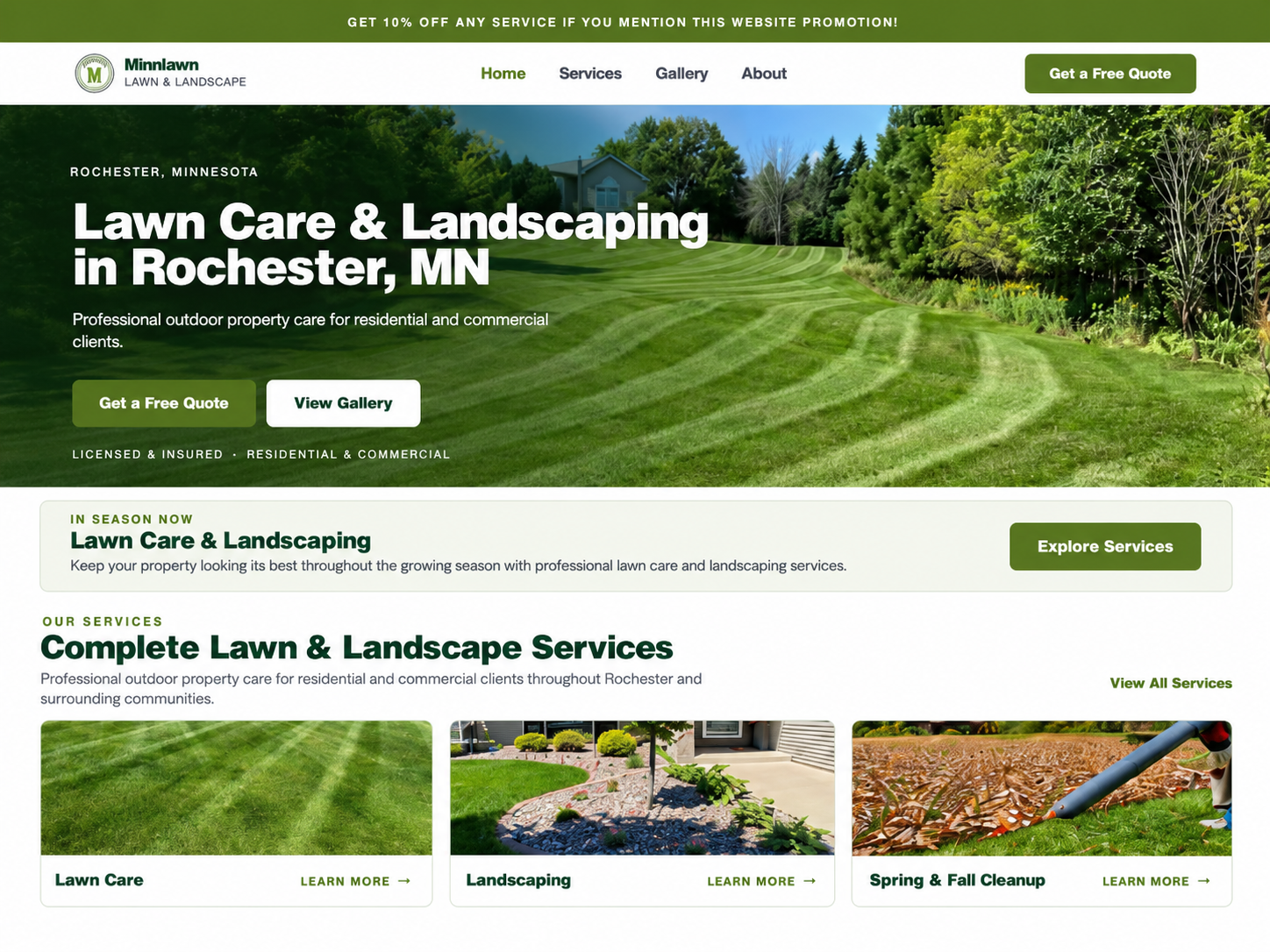 Minnlawn Lawn & Landscape homepage showing the lawn care hero, seasonal service messaging, and service cards